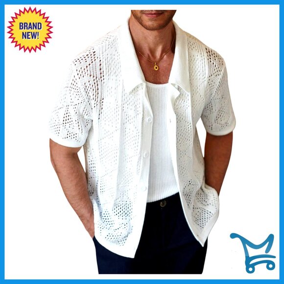 Men's Crochet Button Down Shirt Short Sleeve Hollow Out Cuban Collar Beach Top